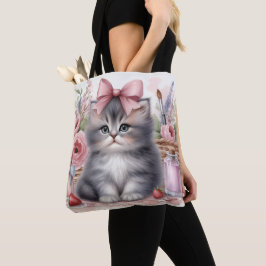花とピンクの弓が付いたフワフワの子猫 トートバッグ