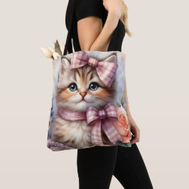 花とピンクの弓が付いたフワフワの子猫 トートバッグ