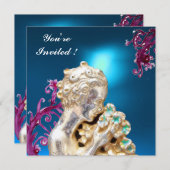 花とピンクの渦巻き青、甘い16パーティー 招待状 (正面/裏面)