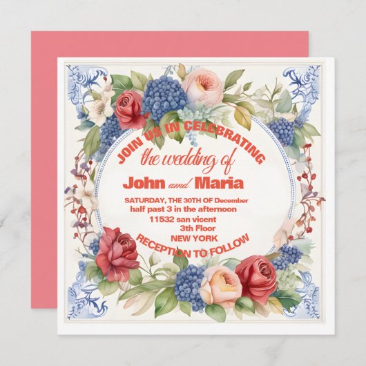 花とピンクの背景との結婚の招待 招待状 (正面/裏面)