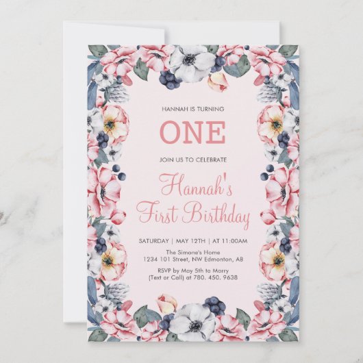 花とピンク | 1st女の子の誕生日パーティー 招待状 (正面)