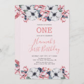 花とピンク | First Girl Birthdayパーティー 招待状 (正面/裏面)