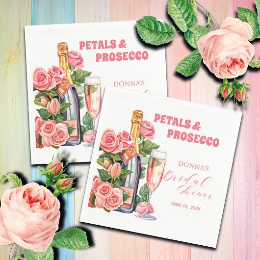 花とプロセッコのボトルとローズのブライダルシャワー スタンダードカクテルナプキン