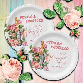 花とプロセッコのボトルとローズのブライダルシャワー ペーパープレート