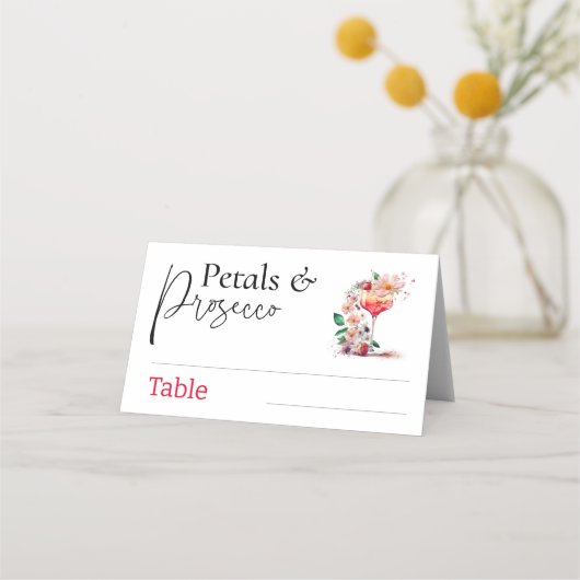 花とプロセッコの花嫁のシャワー ブランシュパーティー プレイスカード (正面)