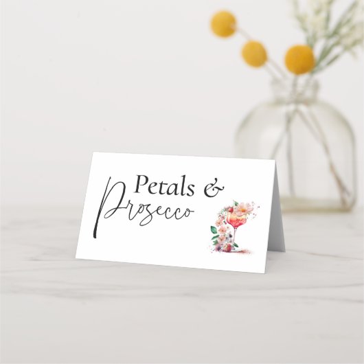 花とプロセッコの花嫁のシャワー ブランシュ パーティー プレイスカード (裏面)