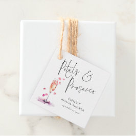 花とプロセッコ エレガント スクリプト ブライダル シャワー フェイバータグ