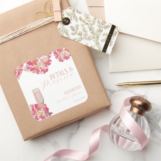 花とプロセッコ ブライダルシャワー フローラル ピンク スクエアシール (ギフト)