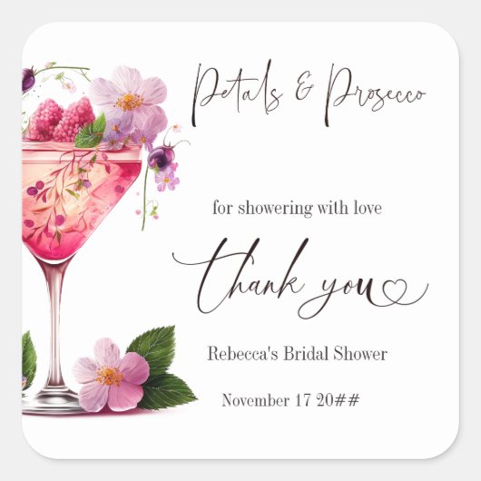 花とプロセッコ ブラッシュピンク フラワーブライダルシャワー スクエアシール (正面)