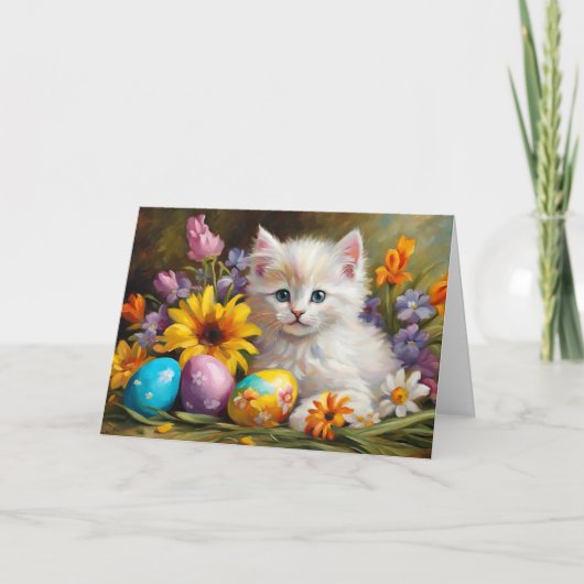 花とペイントされた卵を持つイースターの子猫 シーズンカード (正面)