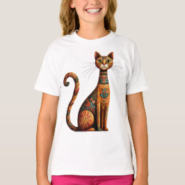 花とボヘミアン風の部族猫のかわいいフォークアート Tシャツ