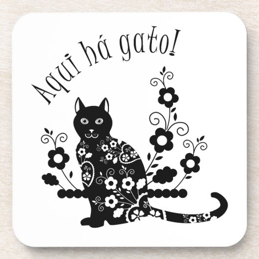 花とポルトガル語の表現が描かれた黒猫 コースター (正面)