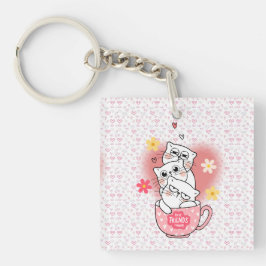 花とマグカップを使った3匹の猫 キーホルダー