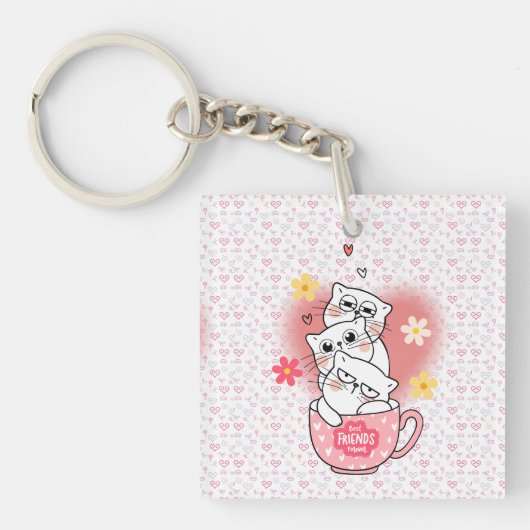 花とマグカップを使った3匹の猫 キーホルダー (正面)