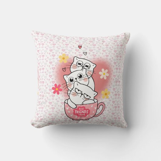 花とマグカップを使った3匹の猫 クッション (正面)