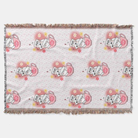 花とマグカップを使った3匹の猫 スローブランケット (正面)