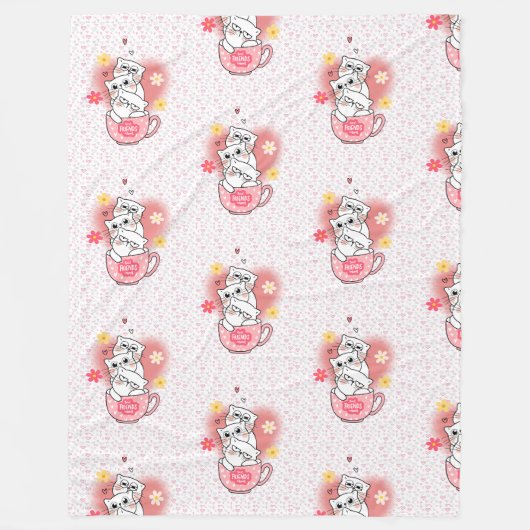 花とマグカップを使った3匹の猫 フリースブランケット (正面)