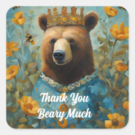 花とミツバチが咲く王冠の愛らしいクマ スクエアシール
