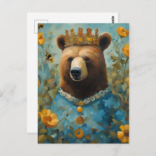 花とミツバチが咲く王冠の愛らしいクマ ポストカード (正面/裏面)