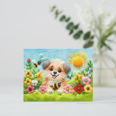 花とミツバチに囲まれた庭のフェルト犬 ポストカード (スタンド正面)