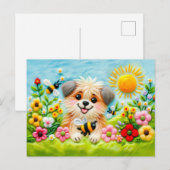 花とミツバチに囲まれた庭のフェルト犬 ポストカード (正面/裏面)