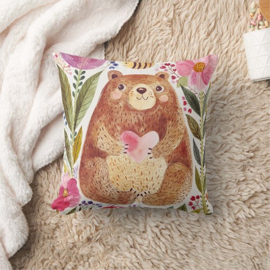 花とミツバチを持つクマ クッション (ブランケット)