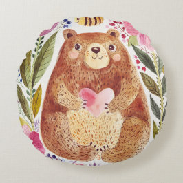 花とミツバチを持つクマ ラウンドクッション