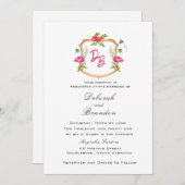 花とモノグラムの紋章が付いた結婚式の招待状 案内状 (正面/裏面)