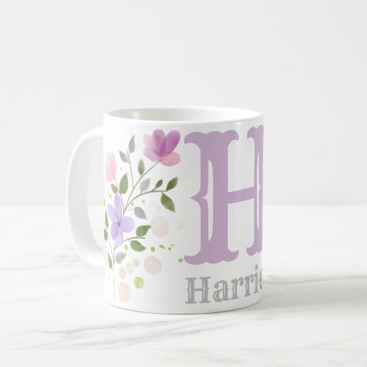 花とモノグラムのHと名前 コーヒーマグカップ (正面左)