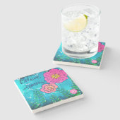 花とモノグラム混合メディアアート | ストーンコースター (横)