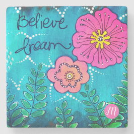 花とモノグラム混合メディアアート | ストーンコースター