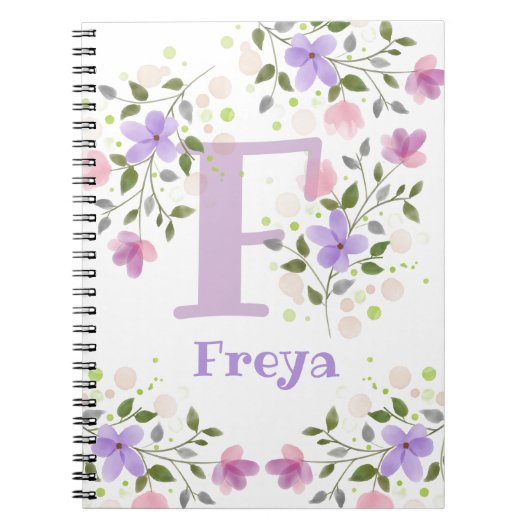 花とモノグラムFと名前Freya ノートブック (正面)