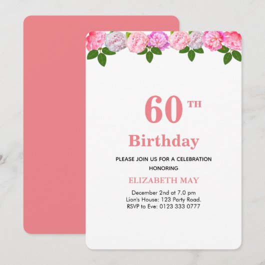 花とラウレルの葉 40歳、60歳の誕生日 招待状 (正面/裏面)