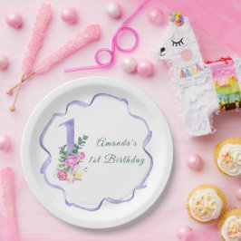 花とリボンの1歳の誕生日パーティー ペーパープレート