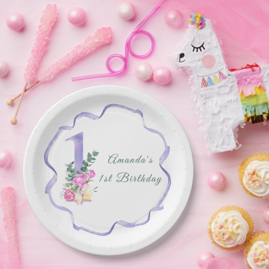 花とリボンの1歳の誕生日パーティー ペーパープレート (パーティー)