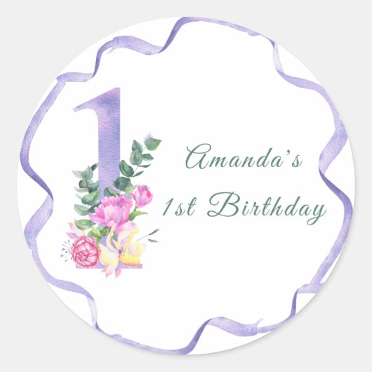 花とリボンの1歳の誕生日パーティー ラウンドシール (正面)