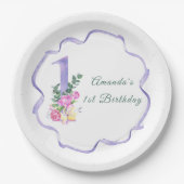 花とリボン最初の誕生日パーティー ペーパープレート (正面)