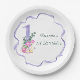 花とリボン最初の誕生日パーティー ペーパープレート