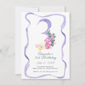花とリボン番号3番目の誕生日パーティー 招待状 (正面)