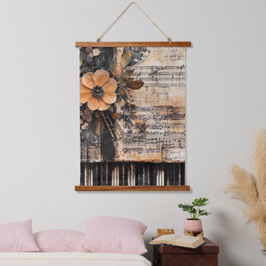 花とレトロなピアノの鍵盤と古びた楽譜 2 吊り下げ型タペストリー (寝室)