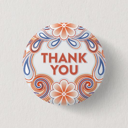 花とレトロな渦巻き模様のビンテージ Thank You 缶バッジ (正面)