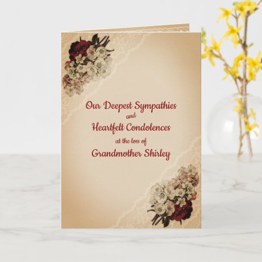 花とレースのパーソナライズされた悔やみや弔慰 カード (黄色い花)