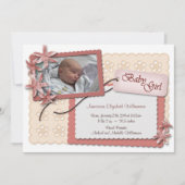 花とレースのピンクの出産のお知らせ 案内状 (正面)