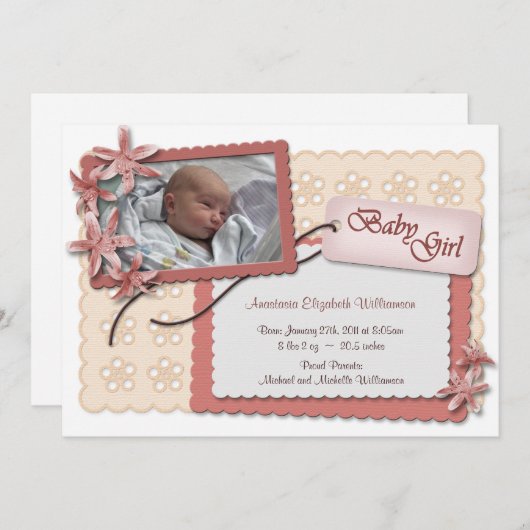 花とレースのピンクの出産のお知らせ 案内状 (正面/裏面)
