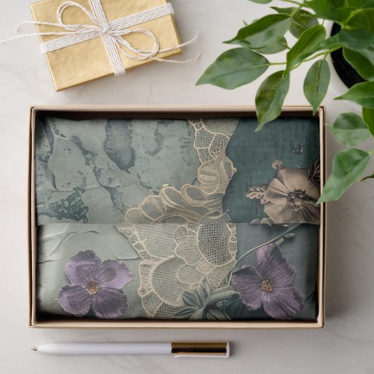 花とレース、ダークシャビーシック、バタフライアート 薄葉紙 (ギフト)