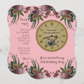 花とヴィンテージの時計の誕生日パーティー 招待状 (正面/裏面)