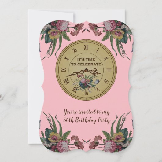 花とヴィンテージの時計の誕生日パーティー 招待状 (正面)