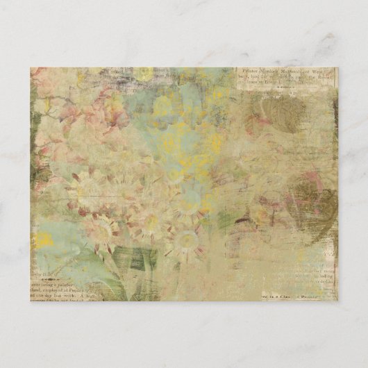 花とヴィンテージ新聞コラージュ ポストカード (正面)