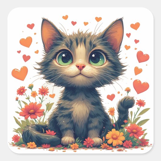 花と一緒にいる幸せな猫のキャラクターステッカー 🌸 スクエアシール (正面)