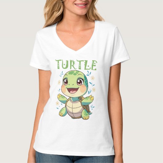 花と一緒にかわいいウミガメ Tシャツ (正面)